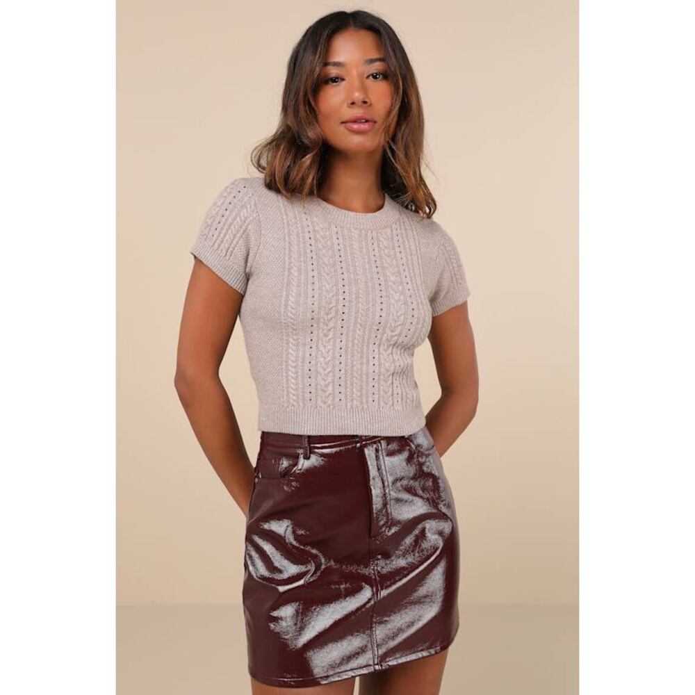 Lulus Modish Ways Taupe Cable Knit Short Sleeve Sweater Top - Size S